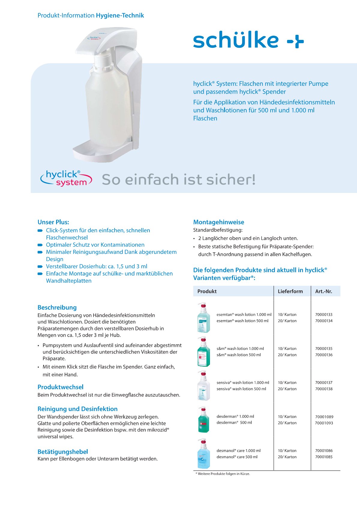 Erkl&auml;rung des Hyclick Spender System von Sch&uuml;lke & Mayr mit Hinweisen welche Produkte genutzt werden k&ouml;nnen und welche Vorteile der Spender bietet